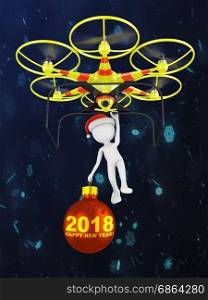 Drone and Santa with a ball on which is written 2018. 3D render.