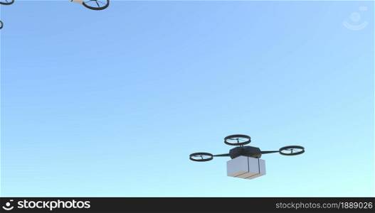 Drone delivering post package on clear blue sky. Drone delivering post package on blue sky