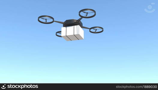 Drone delivering post package on clear blue sky. Drone delivering post package on blue sky