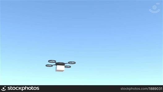 Drone delivering post package on clear blue sky. Drone delivering post package on blue sky