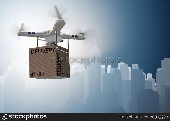 Drone delivery concept with box in air - 3d rendering. The drone delivery concept with box in air - 3d rendering