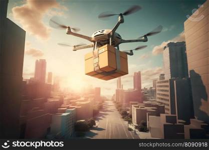 drone delivery delivering big brown post package into urban city. Neural network AI generated art. drone delivery delivering big brown post package into urban city. Neural network AI generated