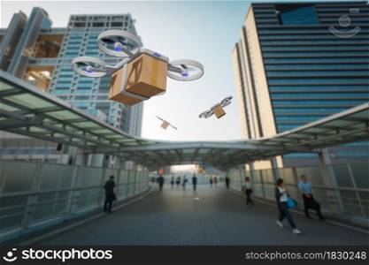 Drone flying with a delivery box package in a city