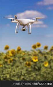 Drone hovering over sunflower field in clear blue sky partly clouded