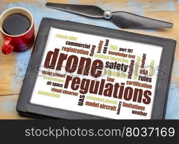 drone regulations (USA, FAA related) word cloud on a digital tablet with a cup of coffee