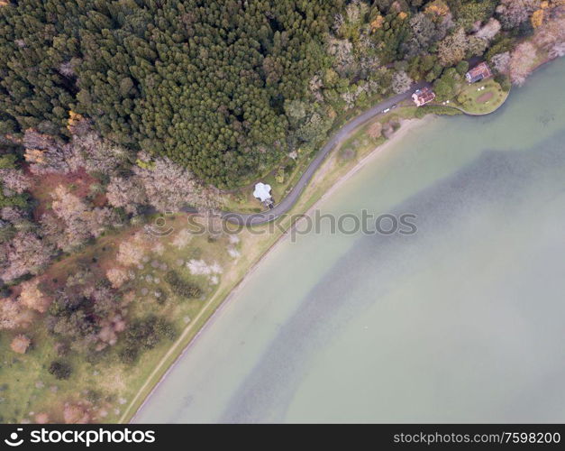 Drone shot of the Chapel of Our Lady of Victories and the Furnas&rsquo; Lagoon, on the island of Sao Miguel, in the Azores