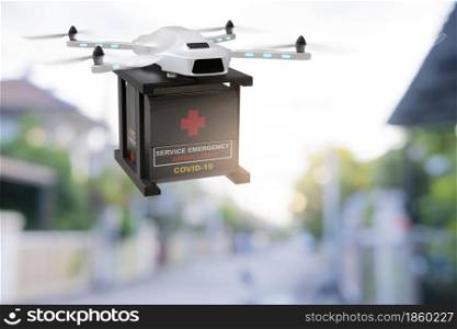 Drone technology engineering device industry flying in industrial logistic export import covid 19 vaccine delivery service logistics coronavirus transport transportation for people 3D rendering