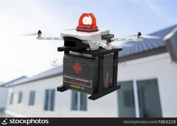 Drone technology engineering device industry flying in industrial logistic export import covid 19 vaccine delivery service logistics coronavirus transport transportation for people 3D rendering