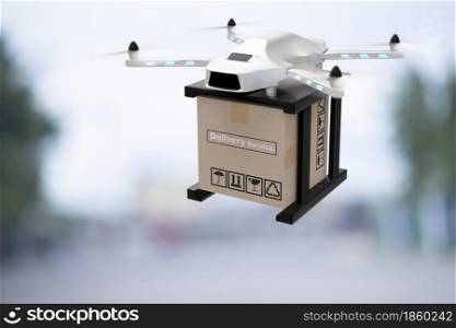 Drone technology engineering device industry flying in industrial logistic export import product home delivery service logistics shipping transport transportation or car auto parts 3D rendering