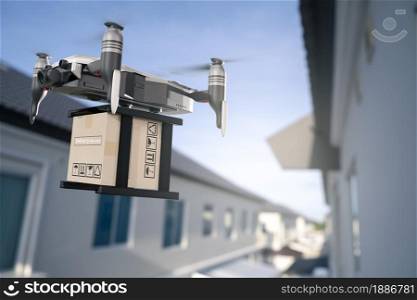 Drone technology engineering device industry flying in industrial logistic export import product home delivery service logistics shipping transport transportation or car auto parts 3D rendering
