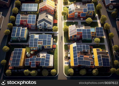 Drone view of build houses with solar panels attached on roof against of apartment buildings, Solar cells on factory rooftop, Solar energy power panels, power energy, Generative AI