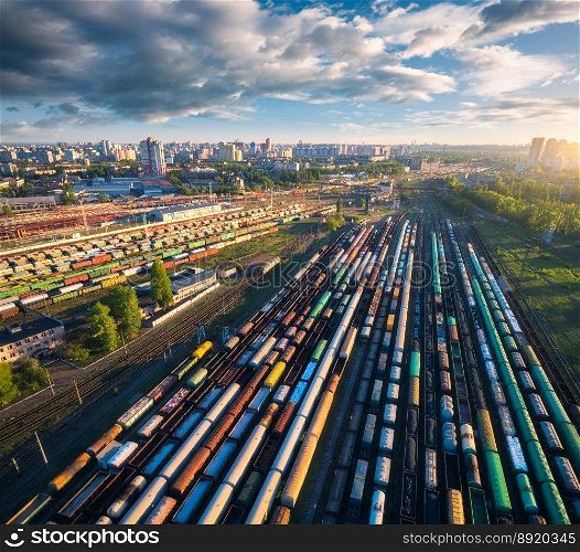 Drone view of freight trains at sunset. Colorful railway cargo wagons on railroad. Aerial view of colorful wagons, city, blue sky with clouds. Depot of freight trains. Railway station. Transportation