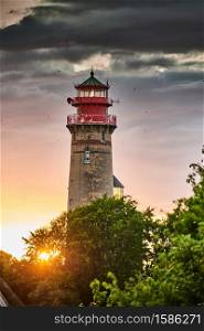 drone view of lighthouses in sunset from northern part of island of Ruegen - called Kap Arkona. drone view of lighthouses from Kap Arkona