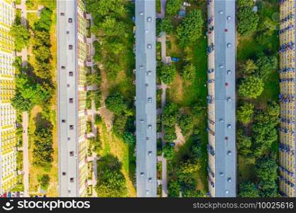 Drone view of long residential building , aerial view summer time