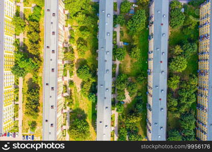 Drone view of long residential building , aerial view summer time