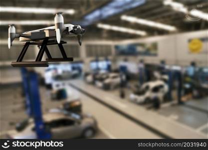 Drone with car production processing service in factory robot hi tech robotic AI control arm hand robot artificial for car technology in garage dealership with tech hand cyborg metaverse
