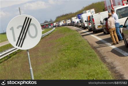 DRONTEN,FLEVOLAND,HOLLAND-APRIL 24: A truck colliding with a large brigde in the highway A6 has caused a large traffic jam on April 24, 2012 at Dronten,Flevoland,Holland