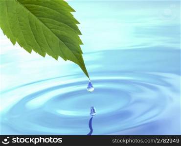 Drop fall from leaf on ripple water. 3d