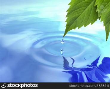 Drop fall from leaf on ripple water. 3d