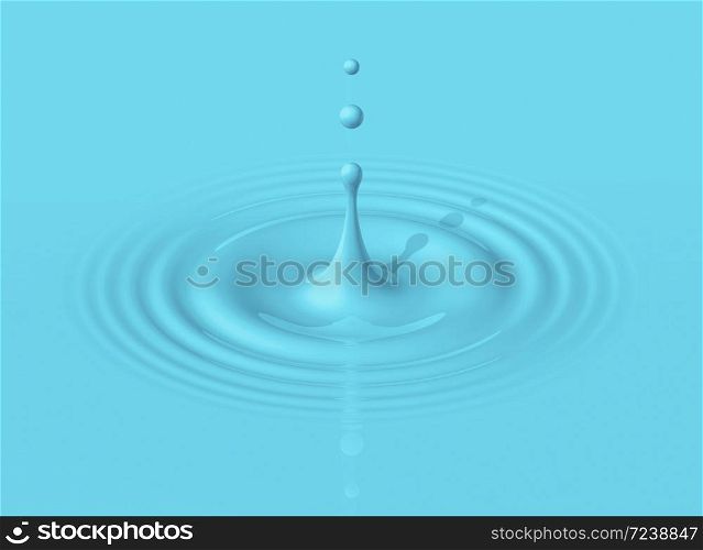 Drop of blue paint splashing and making ripple. 3D illustration. Drop of blue paint and ripple