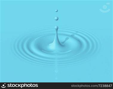 Drop of blue paint splashing and making ripple. 3D illustration. Drop of blue paint and ripple