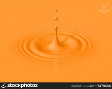 Drop of orange milkshake splashing and making ripple. 3D illustration. Drop of orange milkshake and ripple