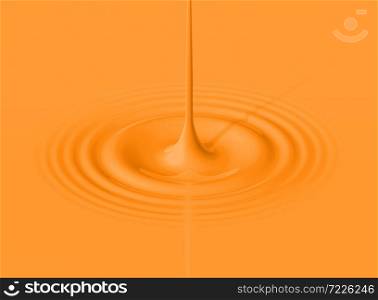 Drop of orange milkshake splashing and making ripple. 3D illustration. Drop of orange milkshake and ripple