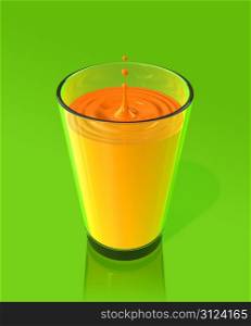 drop splashing and making ripple in a orange juice glass. 3D illustration. drop of orange juice and ripple in a glass