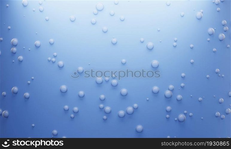 Droplet water drop on blue glass background. Bubble in water. Abstract and nature concept. 3D illustration rendering