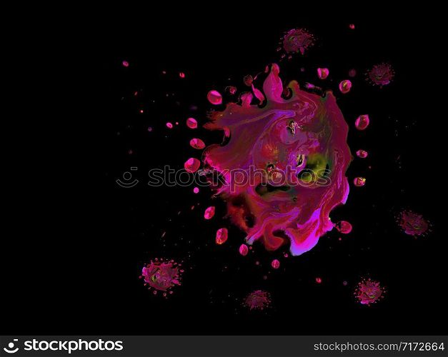 Drops of color on a black background are used to represent viruses or small organisms.