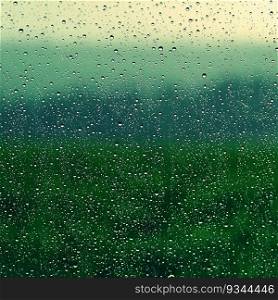 Drops on window with landscape and natural color background. Concept for rain and bad weather.