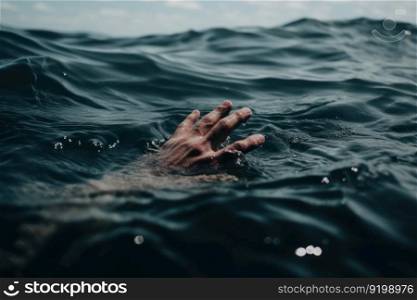 drowning man hand in the sea ocean water generative ai.