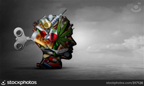 Drug addiction and mental function with the use of alcohol prescription drugs as a psychiatric or psychiatry concept of the effects on the brain with recreational or medication with 3D illustration elements.