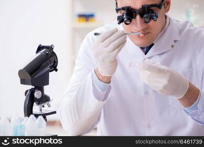 Drug synthesis concept with chemist working in research lab