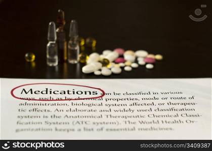Drugs and paper with text medications.Red marked