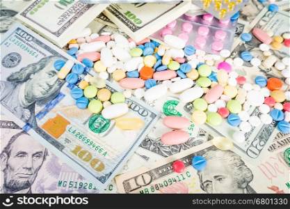 drugs on a money background. Money and pills
