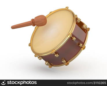 Drum and drumstick on white isolated background. 3d