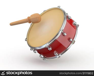 Drum and drumstick on white isolated background. 3d