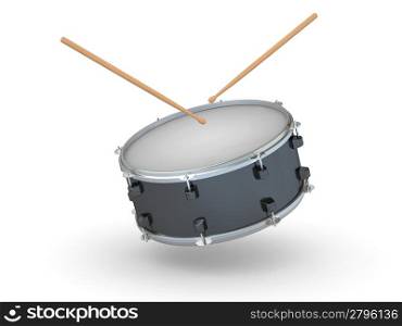 Drum and drumsticks on white isolated background. 3d