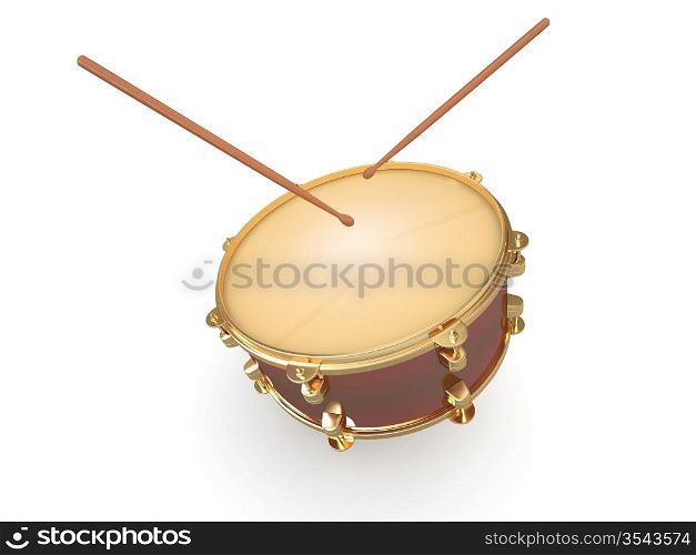 Drum and drumsticks on white isolated background. 3d