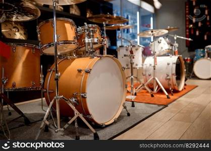 Drum set display at processional percussion musical instruments shop store. Modern music market assortment. Drum set display at processional percussion musical instruments shop