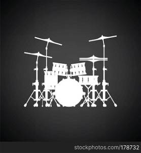 Drum set icon. Black background with white. Vector illustration.