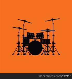 Drum set icon. Orange background with black. Vector illustration.