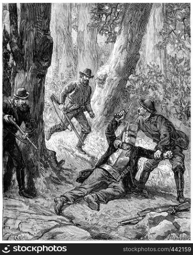 Drummers bushes in Australia, A bullet had struck the bandit knee, vintage engraved illustration. Journal des Voyage, Travel Journal, (1880-81).