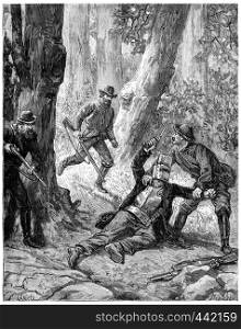 Drummers bushes in Australia, A bullet had struck the bandit knee, vintage engraved illustration. Journal des Voyage, Travel Journal, (1880-81).