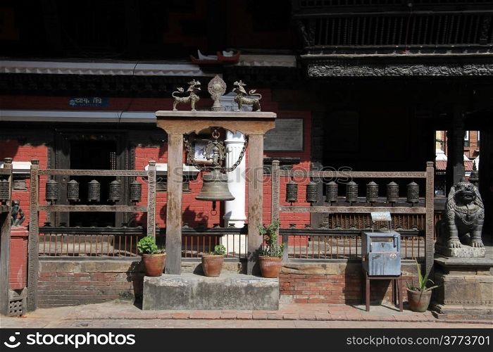 Drums and bell in buddhist temple in Patan, Nepal