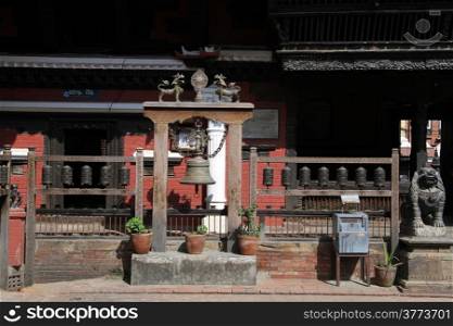Drums and bell in buddhist temple in Patan, Nepal
