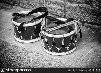 Drums music band, detail of a percussion instrument, music on the street, street art