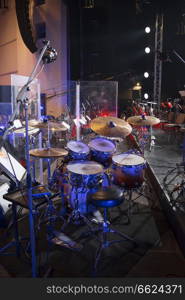 drums on stage before a music concert.