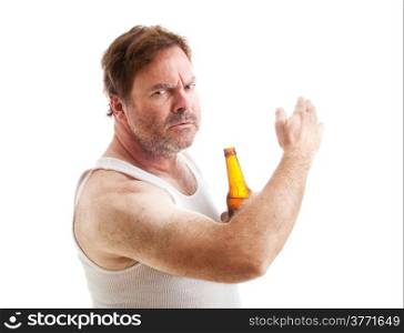 Drunk angry man threatens to hit someone with the back of his hand. Domestic wife or child abuse theme. Isolated on white.